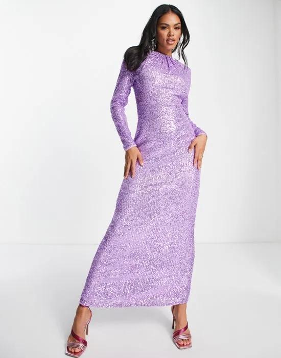 Modest long sleeve maxi dress in purple sequin