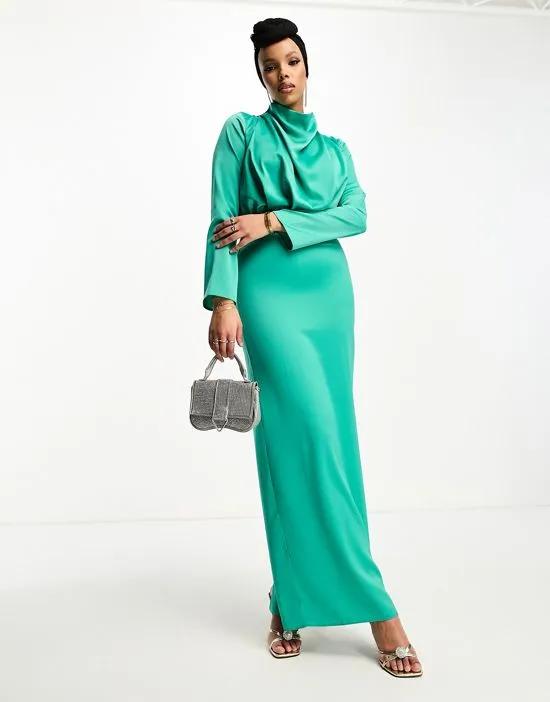 Modest satin high neck pleat detail maxi dress with long sleeves in jewel green