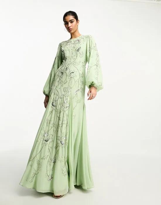 Modesty embellished maxi dress with godet skirt and balloon sleeves in sage green