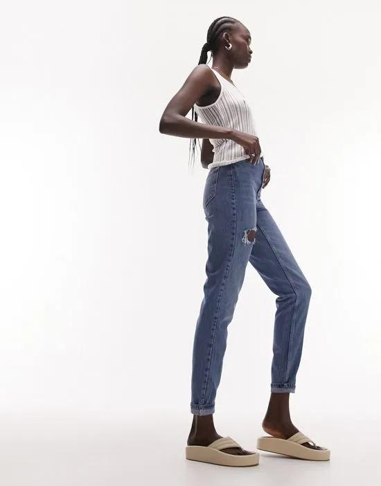 Mom jeans with brixton rip in mid blue