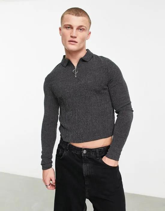 muscle fit long sleeve polo t-shirt in black texture with contrast stitch