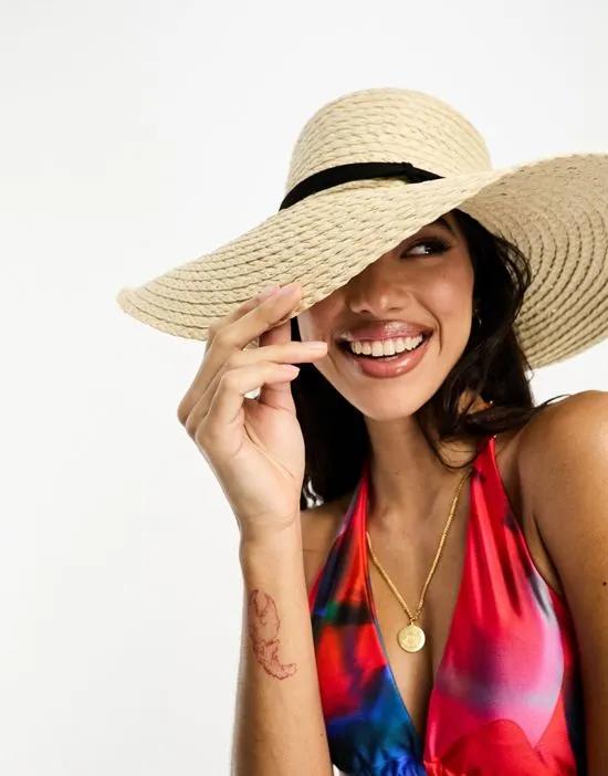 natural straw floppy hat with skinny band and size adjuster