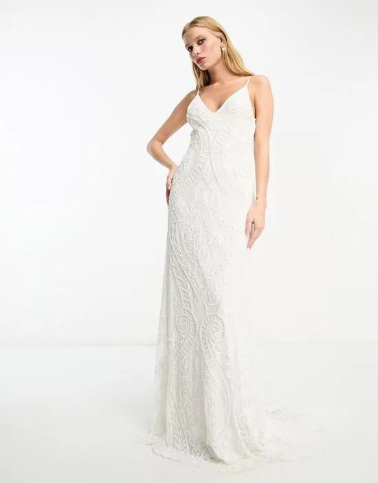 Neve placement embroidered and beaded cami wedding dress in ivory