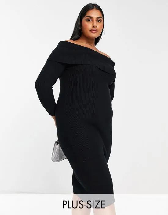 New Look Curve ribbed bardot midi dress in black