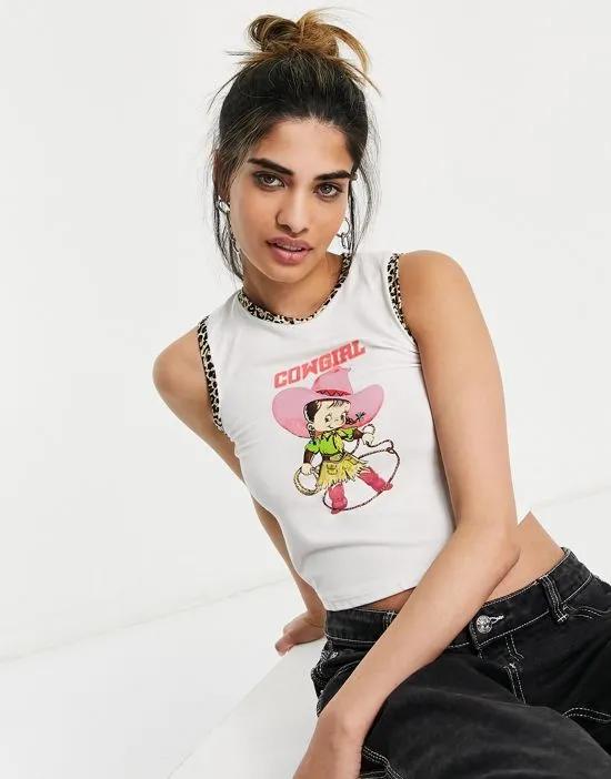 O Mighty Y2K tank crop top with cow girl print and leopard trim
