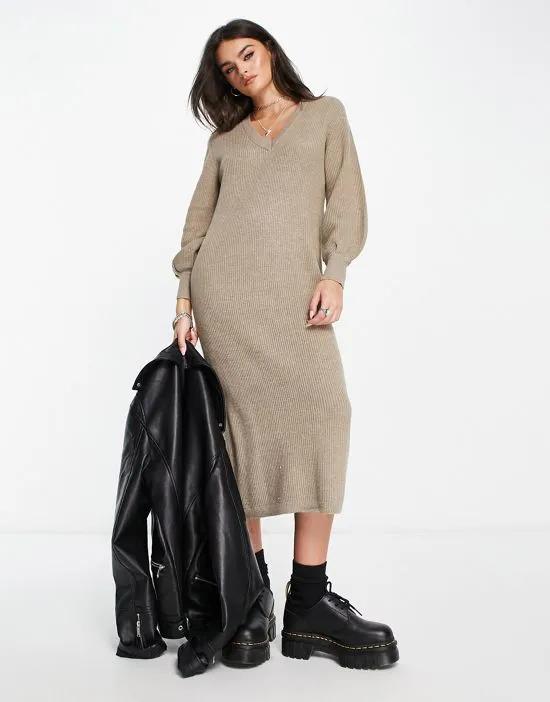 Object knitted midi sweater dress with balloon sleeves in taupe