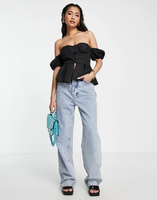 off-shoulder corset top with puff sleeves in black