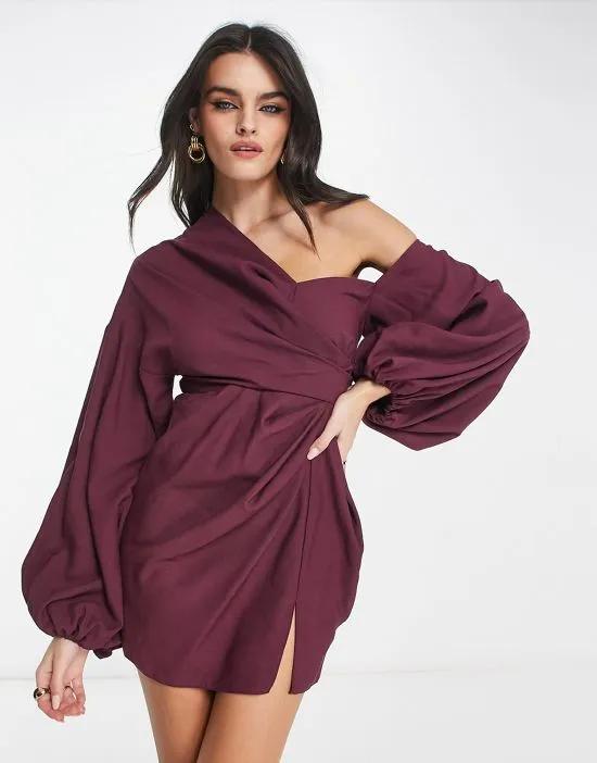 off shoulder drape mini dress with balloon sleeve in wine