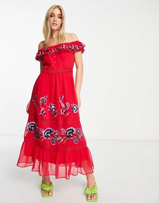 off shoulder embroidered midi dress in red