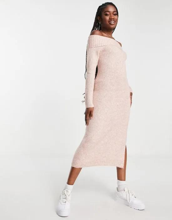 off-shoulder knit midi dress in pink heather
