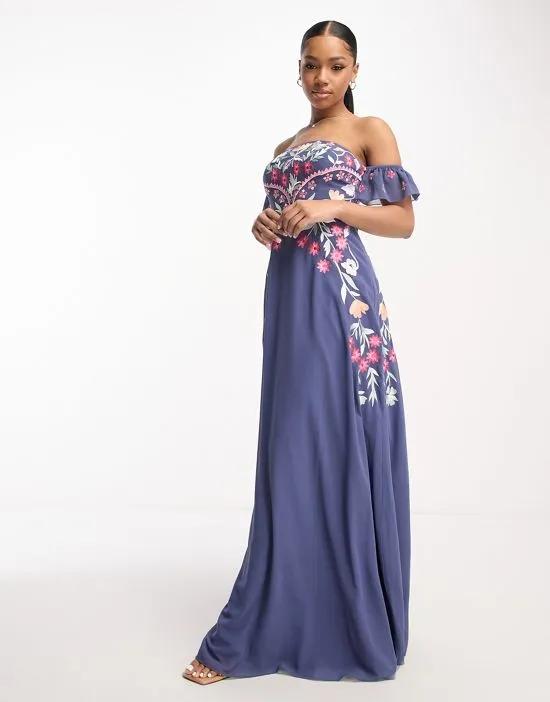 off shoulder maxi dress with embroidery in blue