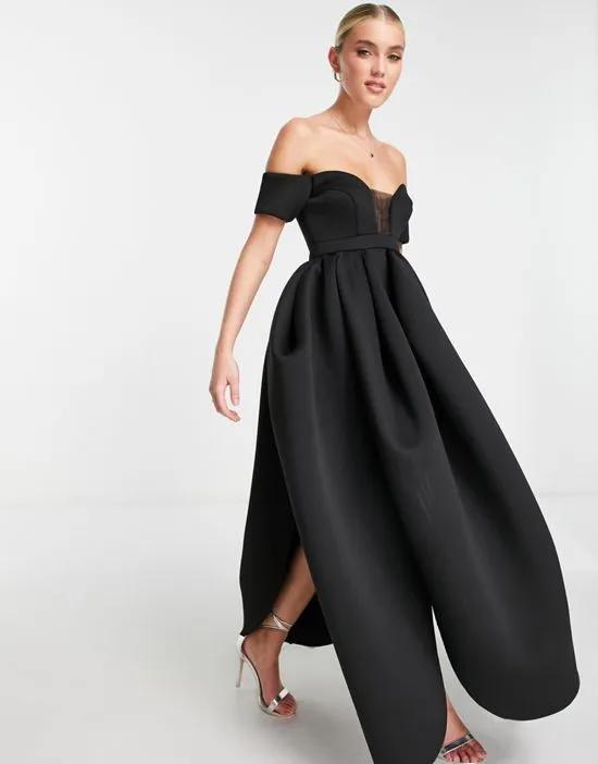 off shoulder mesh insert cocoon maxi prom dress in black