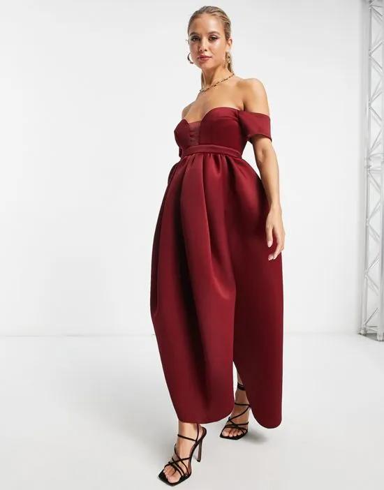 off shoulder mesh insert cocoon maxi prom dress in wine