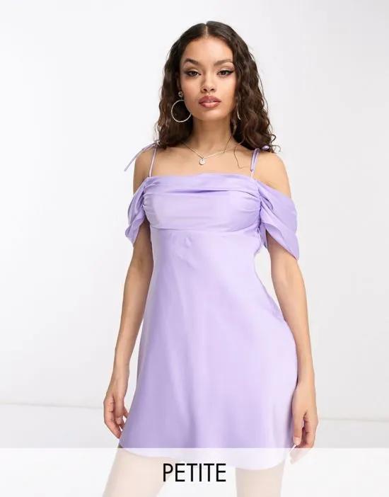 off shoulder mini dress in lilac satin