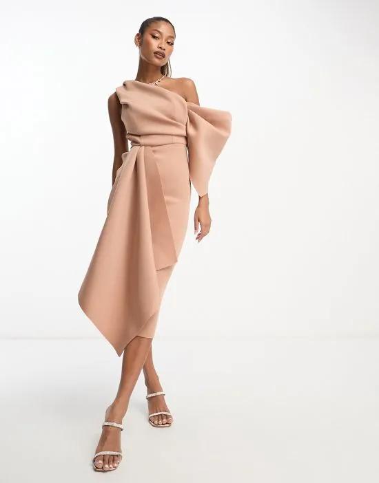 off shoulder pencil dress with ruffle detail in camel