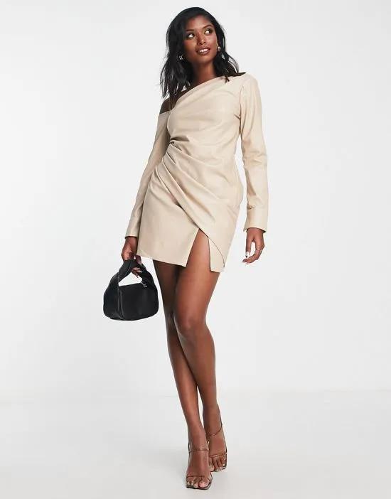 off shoulder PU mini dress with pleat detail in stone