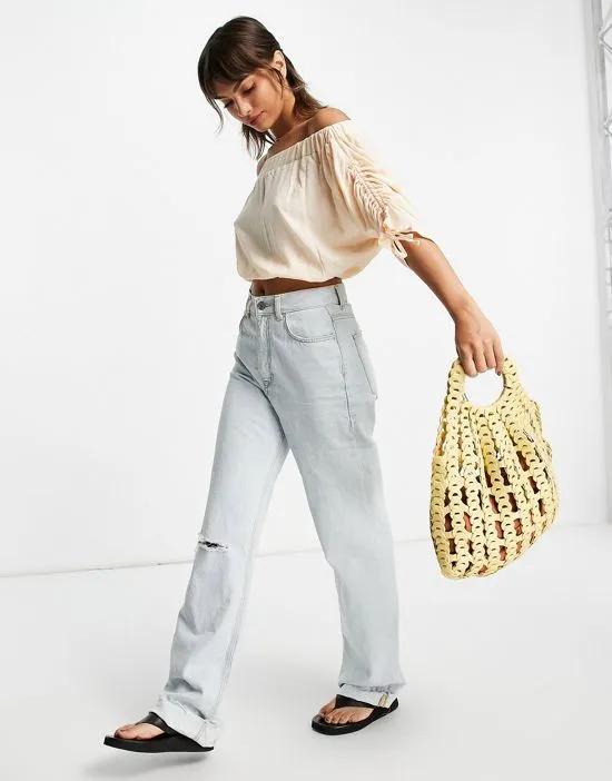 off shoulder ruched top in peach