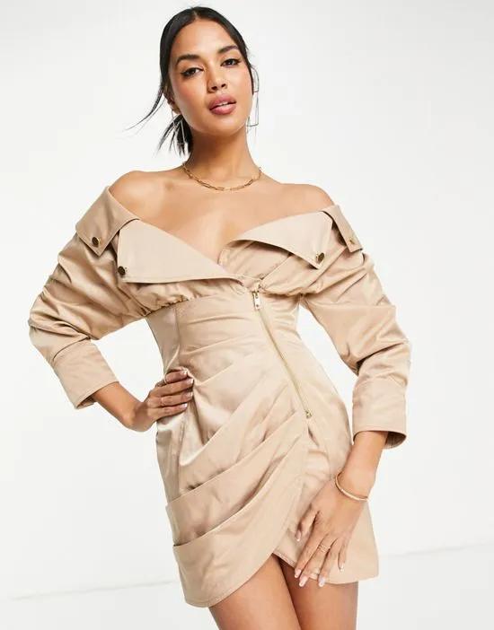 off shoulder structured utility mini with zip skirt