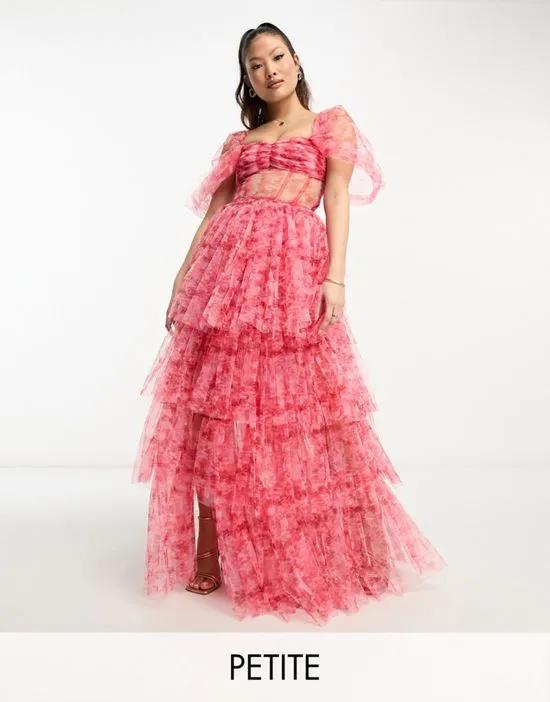 off shoulder tulle corset maxi dress in pink and red floral