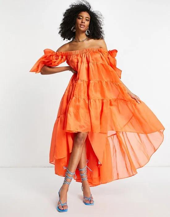 off shoulder voile maxi dress in orange