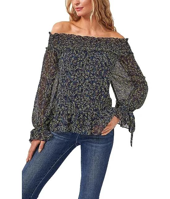 Off-the-Shoulder Flora Whispers Blouse w/ Ties