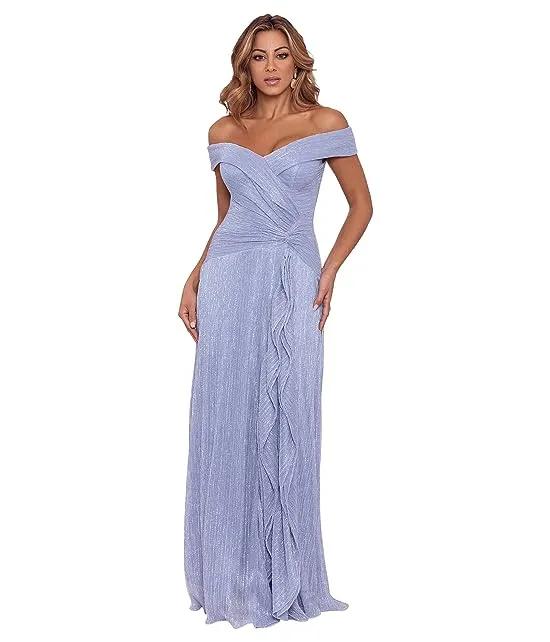 Off-the-Shoulder Pleated Metallic Gown