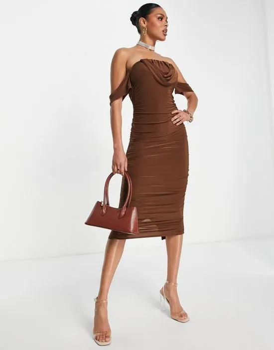 off the shoulder ruching body-conscious midi dress in chocolate