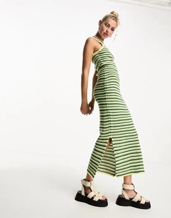 one shoulder crochet maxi dress in green and yellow stripe