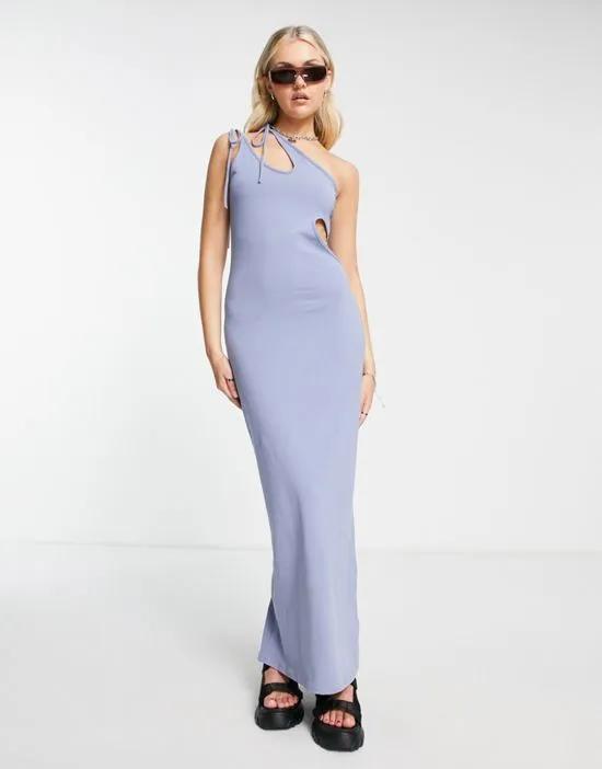 one shoulder cut out midi dress in blue