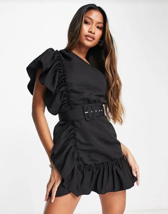 one shoulder detail belted frill mini dress in black