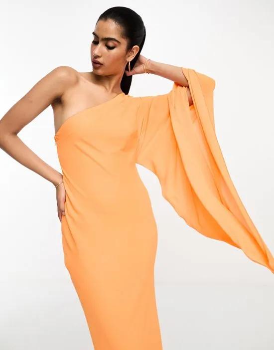 one shoulder exaggerated sleeve maxi dress in bright orange