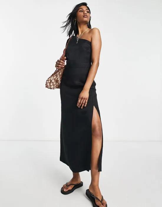 one shoulder linen midi dress in black