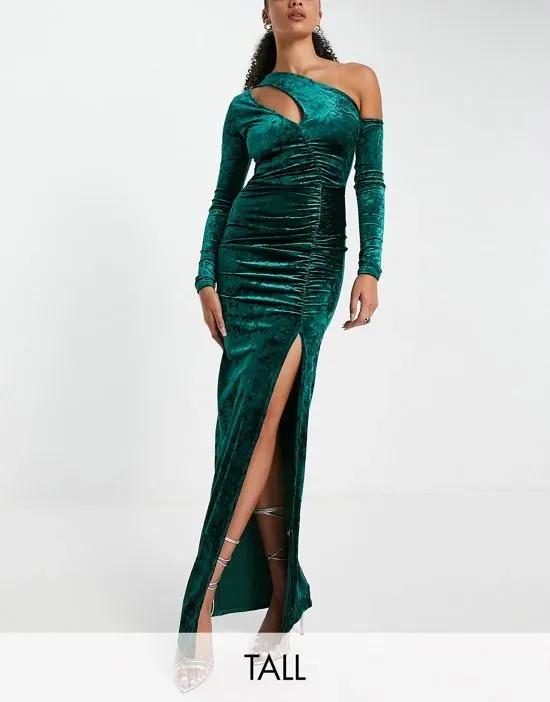 one shoulder maxi dress in emerald velvet