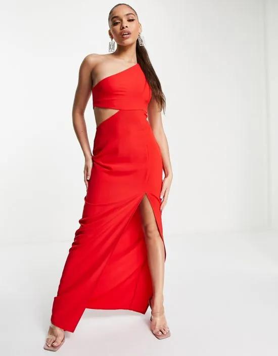 one shoulder maxi dress with thigh split in red