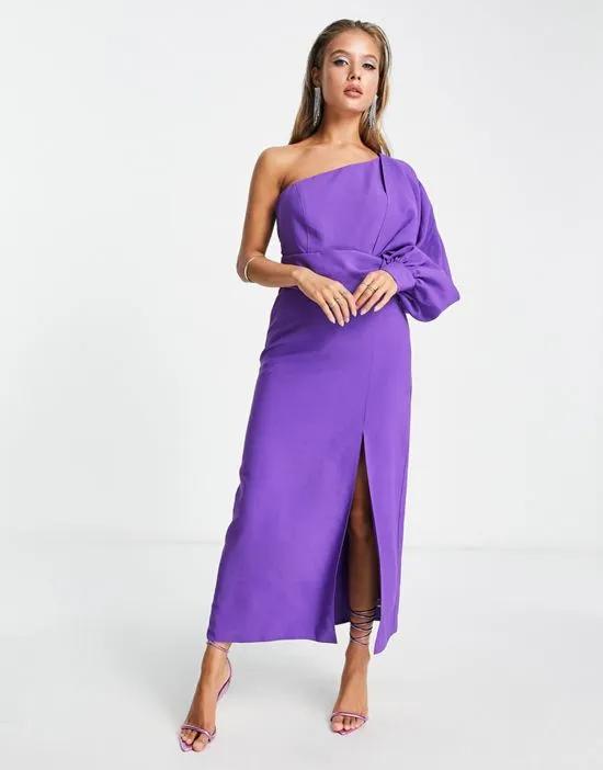 one shoulder midi dress with tie detail in purple