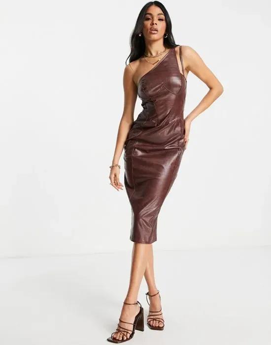 one shoulder midi pencil dress in textured brown croc