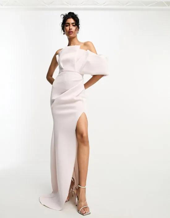 one shoulder premium manipulated maxi dress with high split in coconut cream