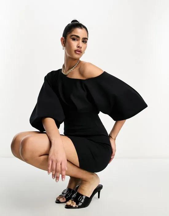 one shoulder puff sleeve mini dress in black