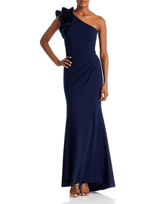 One Shoulder Ruffle Crepe Gown - 100% Exclusive