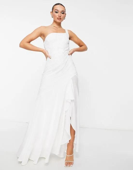 one shoulder ruffle maxi dress in ivory