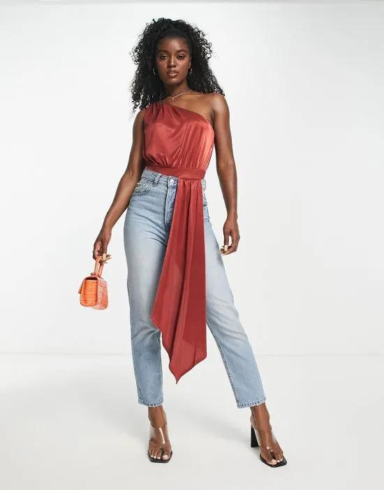 one shoulder satin bodysuit in rust