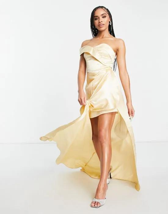 one shoulder satin drape maxi dress in champagne gold
