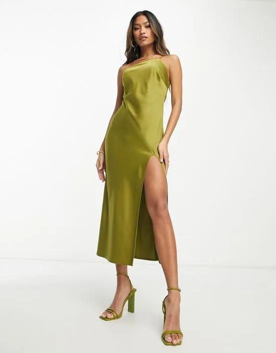 one shoulder satin midi dress in olive