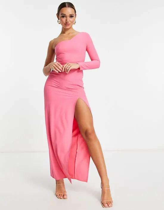 one shoulder thigh split maxi dress with exposed zip in pink
