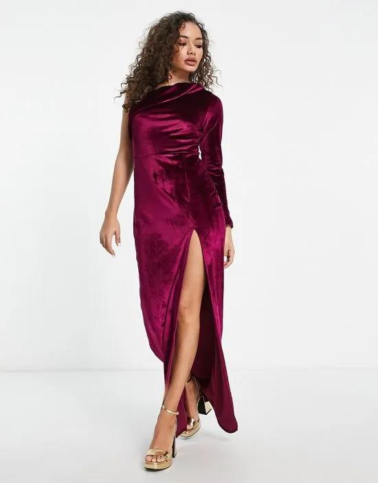 one shoulder velvet maxi dress in deep purple