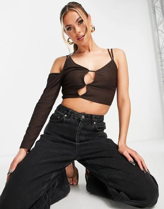 one sleeve strappy cut out top in chocolate brown