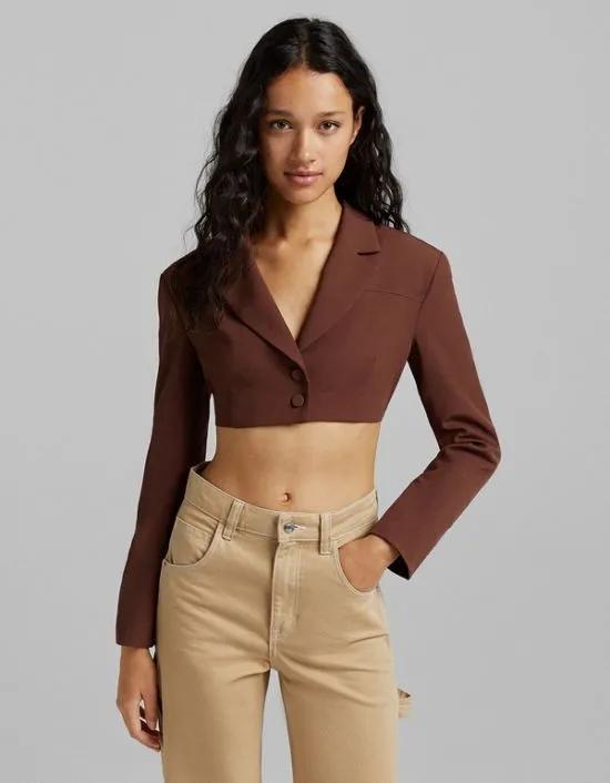 open back cropped blazer in chocolate