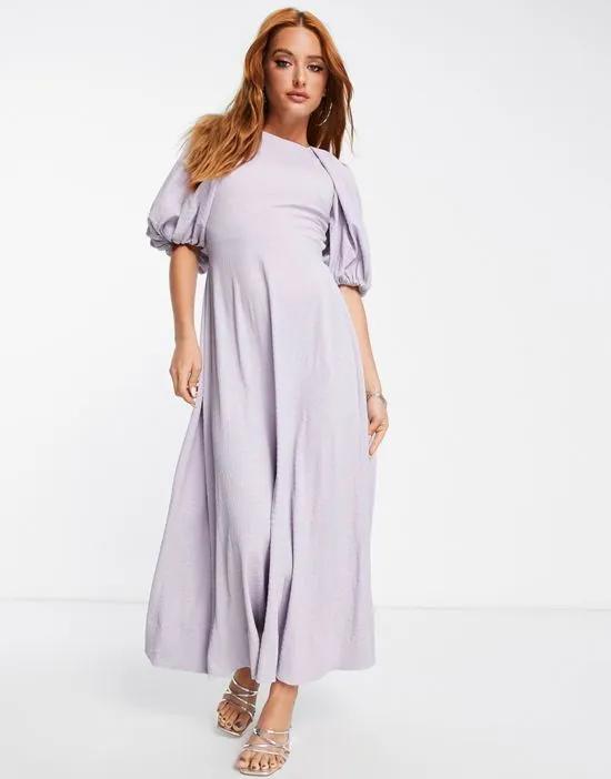 open back puff sleeve maxi dress in lilac texture