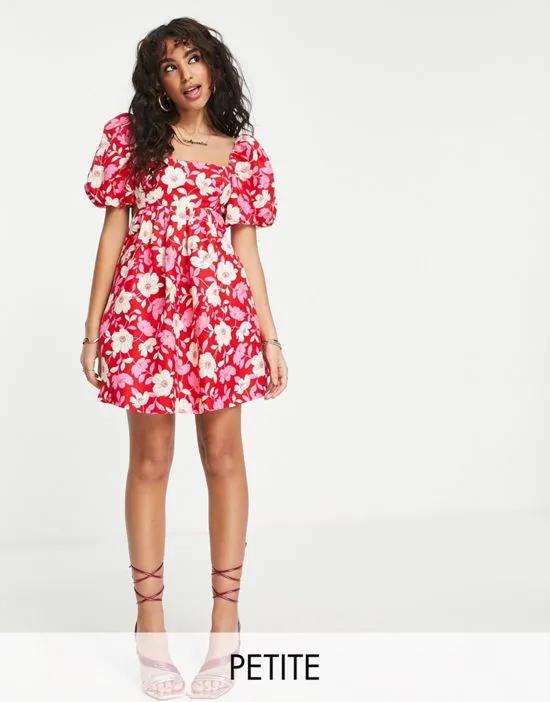 open-back puff sleeve mini dress in red floral