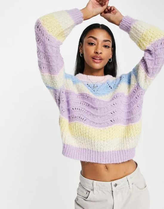 open knit sweater in pastel stripes